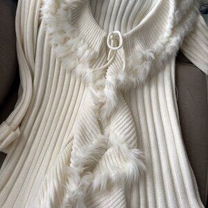 Alfani Long Cardigan w/Faux Fur Trim and Ruffled Edges, Tie Front, Cream M